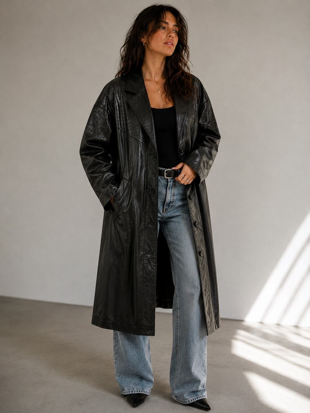 Vtg 90s Longline Black Snakeskin Embossed Midi Leather Jacket Womens Sz S Matrix